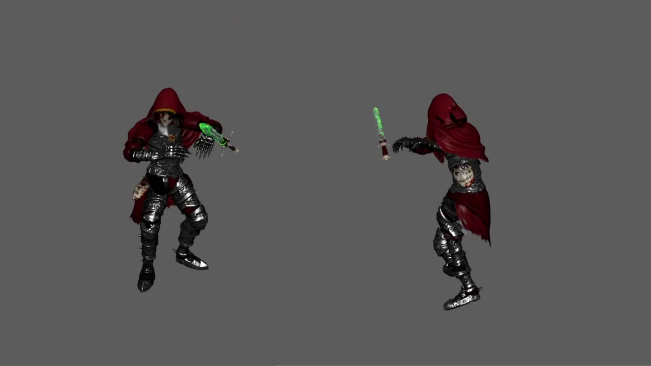 Character and floating sword in the deflect animation study