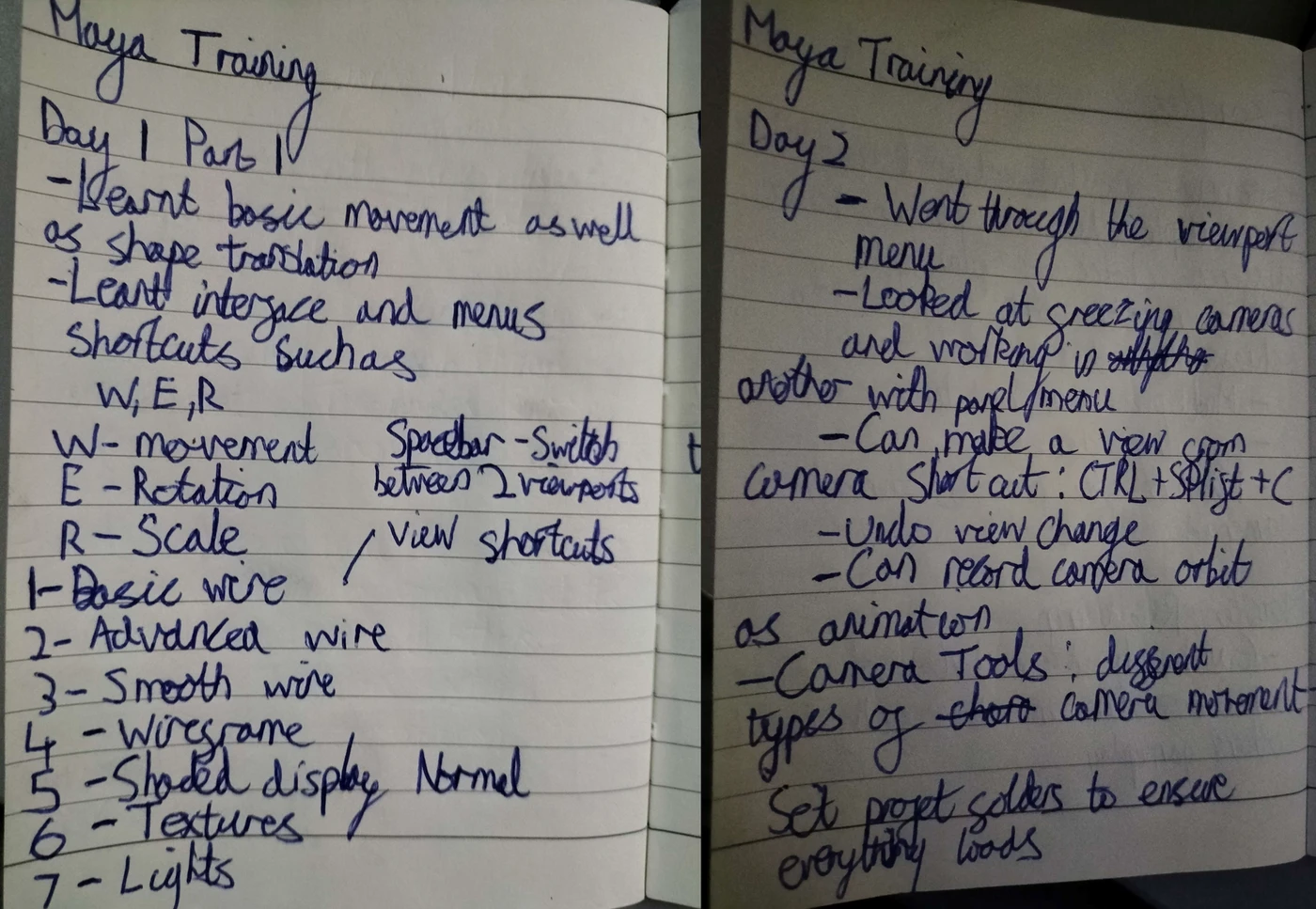 Notebook notes on Maya camera controls and transform tools