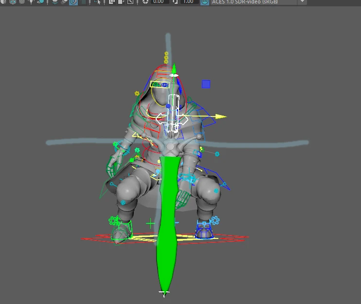 Maya viewport showing the posed sourced character rig with an accompanying sword